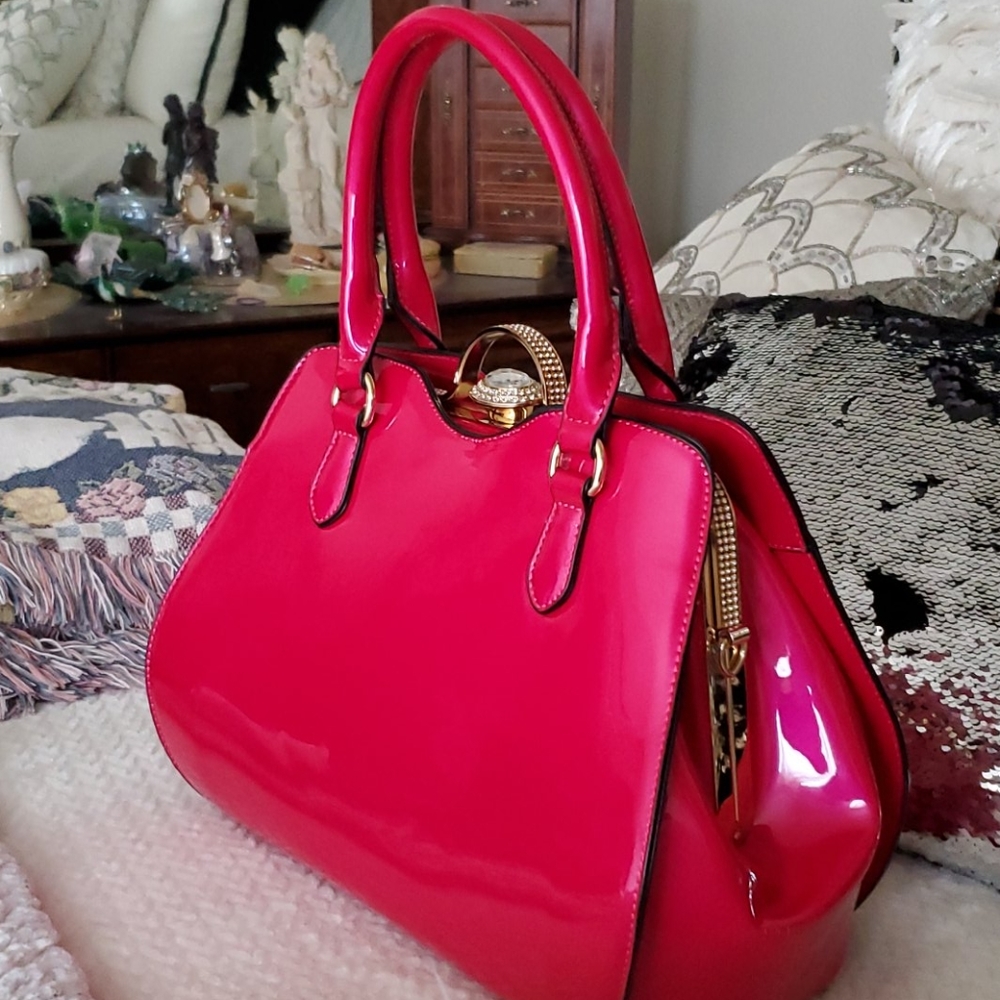 Hot Pink Patent leather bag with big diamond stone HP❤️❤️2 times - Picture 5 of 10